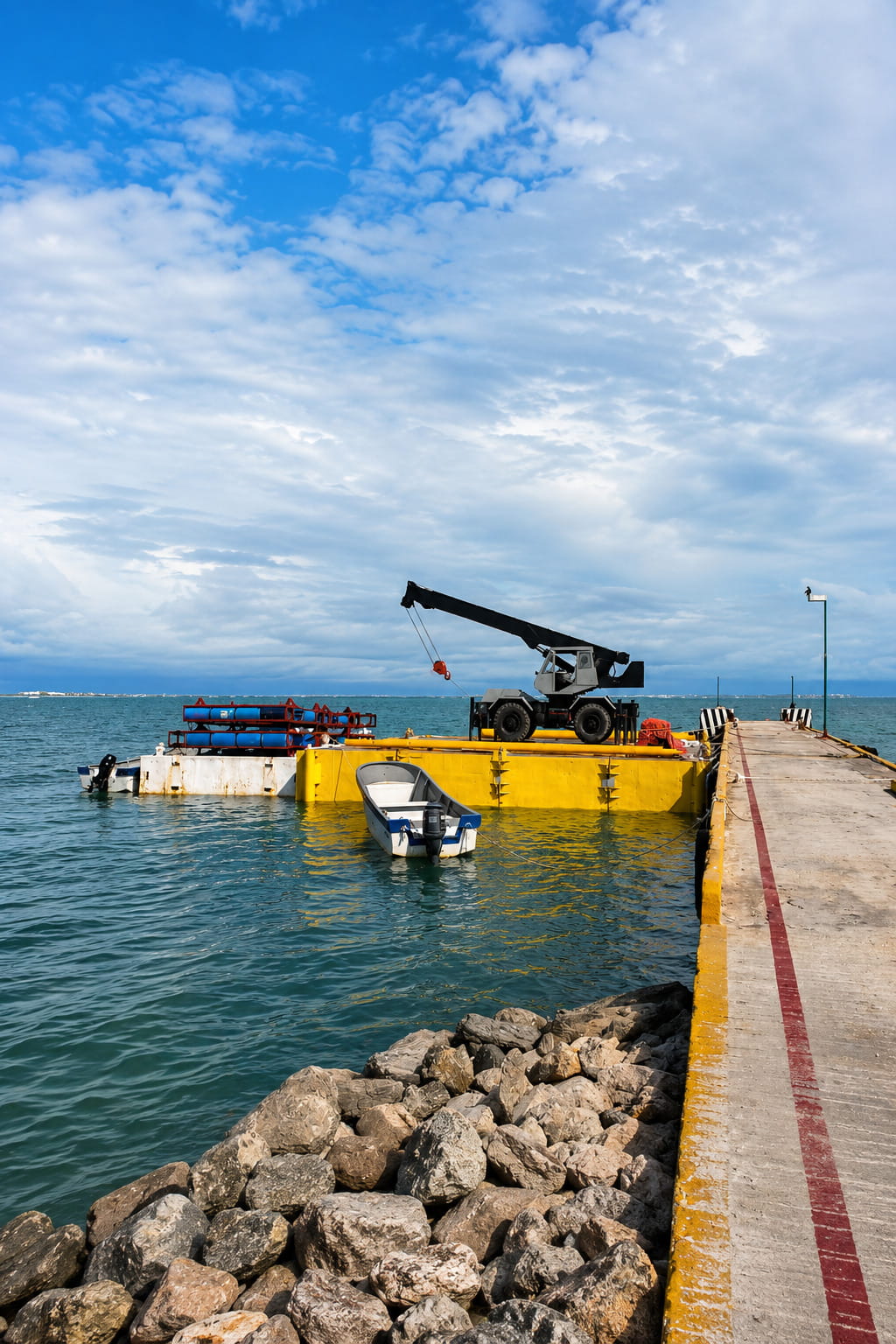 Operación de descolmatación en puerto con plataforma y grúa - Logística Integral